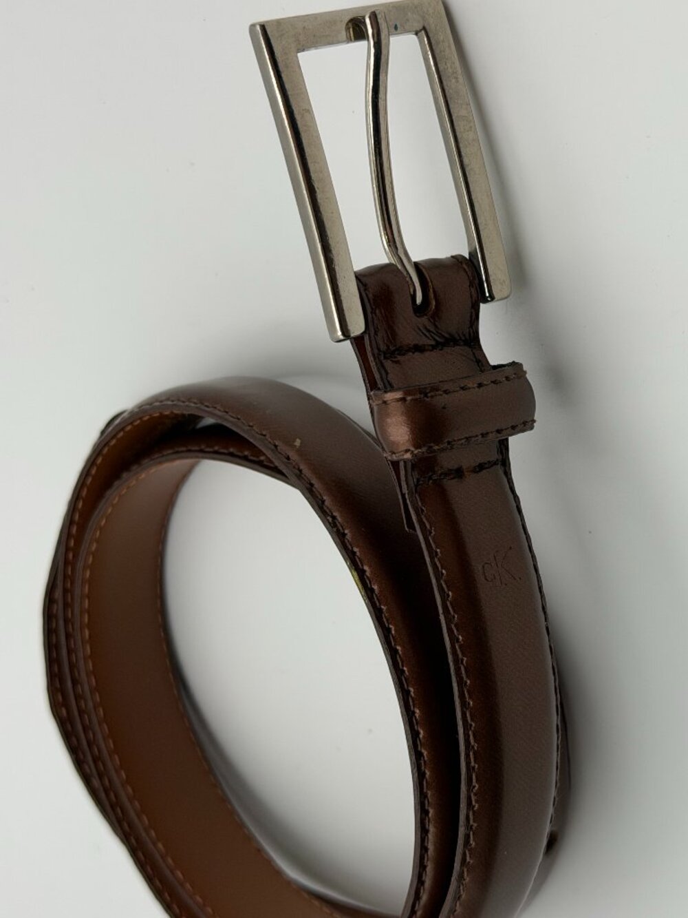 Calvin Klein Brown Leather Skinny Belt Silver Rectangular Buckle